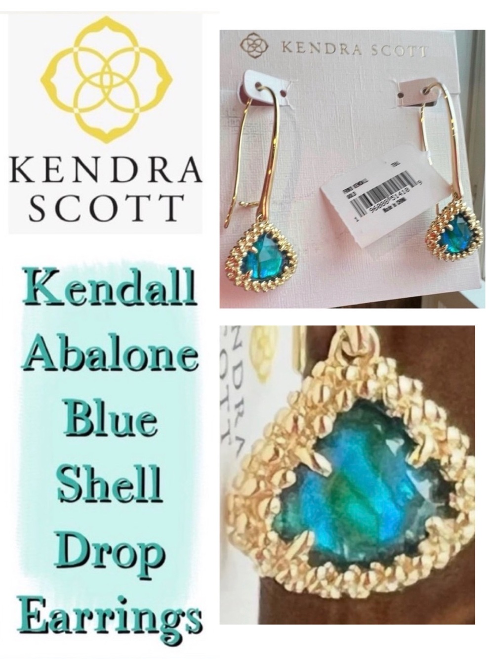 Kendra Scott, Abalone, Gold Drop Earrings, Caribbean blue stones, NEW with tags!